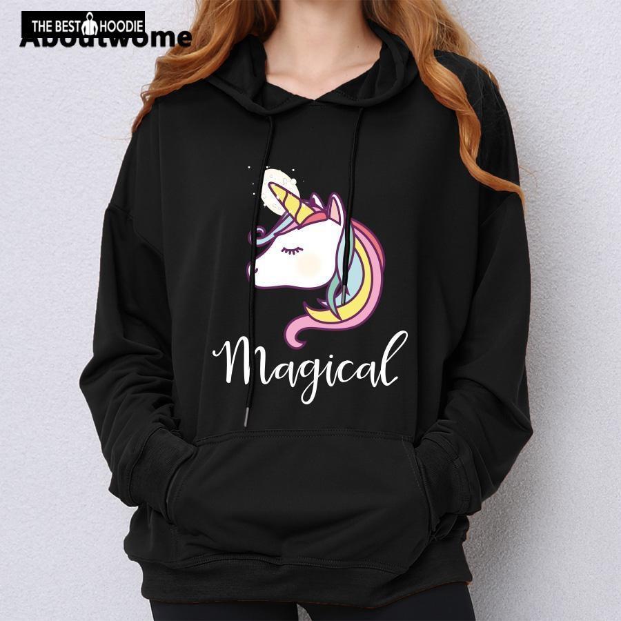 Women Black Sweatshirt Unicorn Printed Hoodie Korean Female Autumn Kawaii Cute Long Sleeve Hooded Pullovers Sh6504