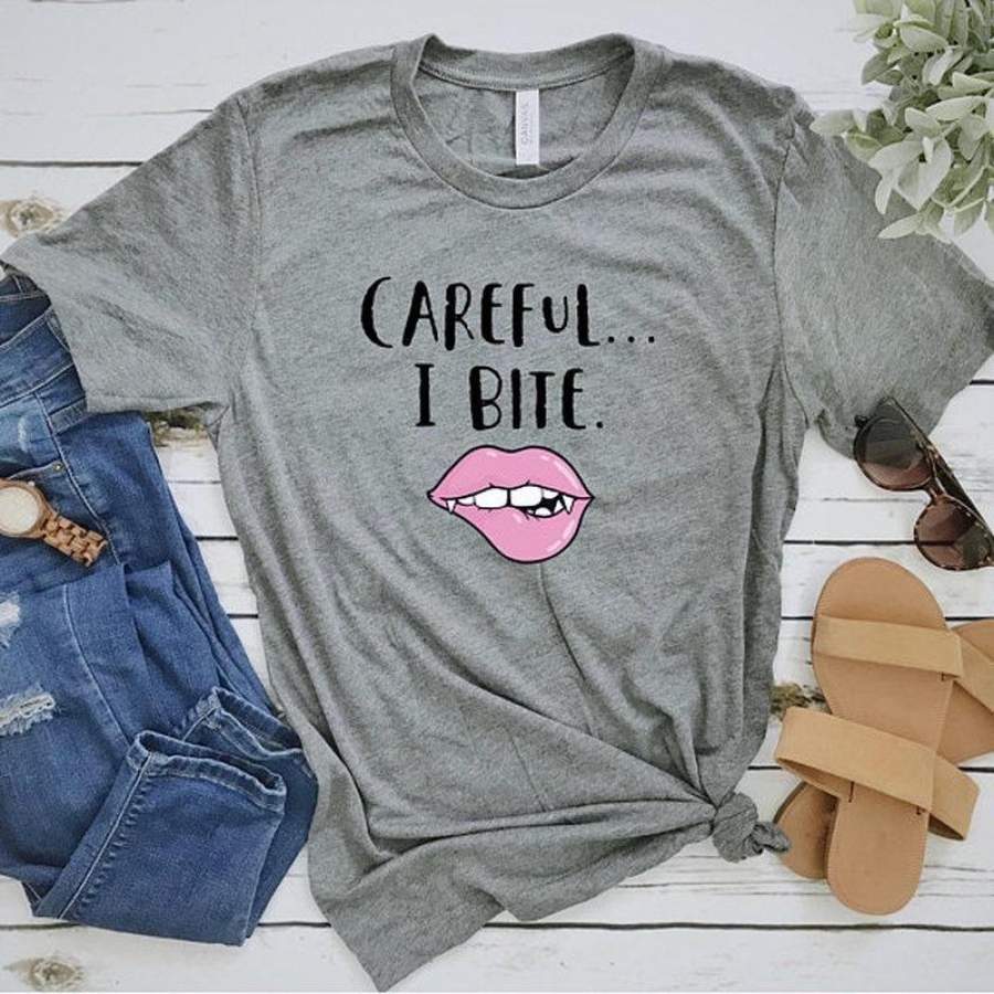 Careful I Bite Halloween Sexy Vampire Teeth Short-Sleeve Unisex T-Shirt Funny Halloween Sarcastic Tee