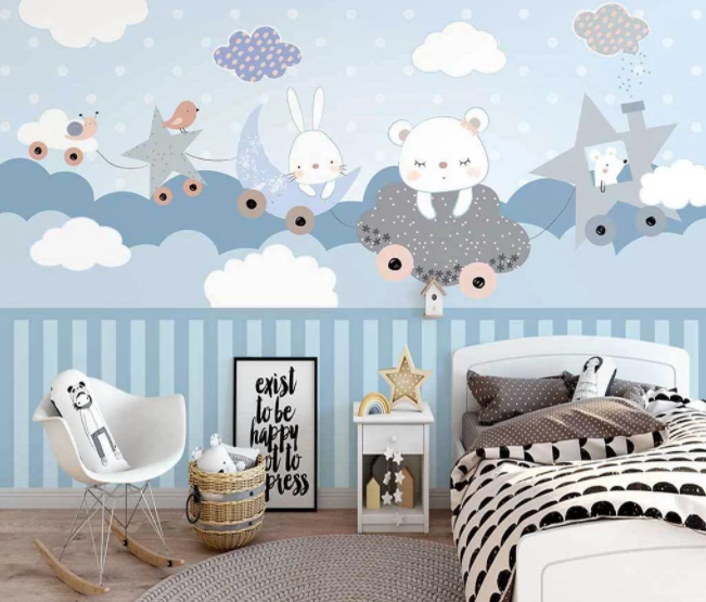 3D Cartoon Star Moon Bear Bunny Animal Cloud Wall Mural Wallpaper Lxl