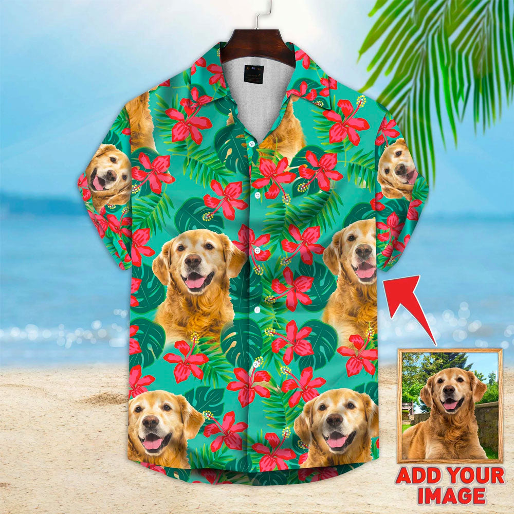 Custom Photo Dog Leaves & Flowers Pattern Short-Sleeve Hawaiian Shirt Aloha Shirt, Custom Dog Flowers Pattern Short-Sleeve Hawaiian Shirt