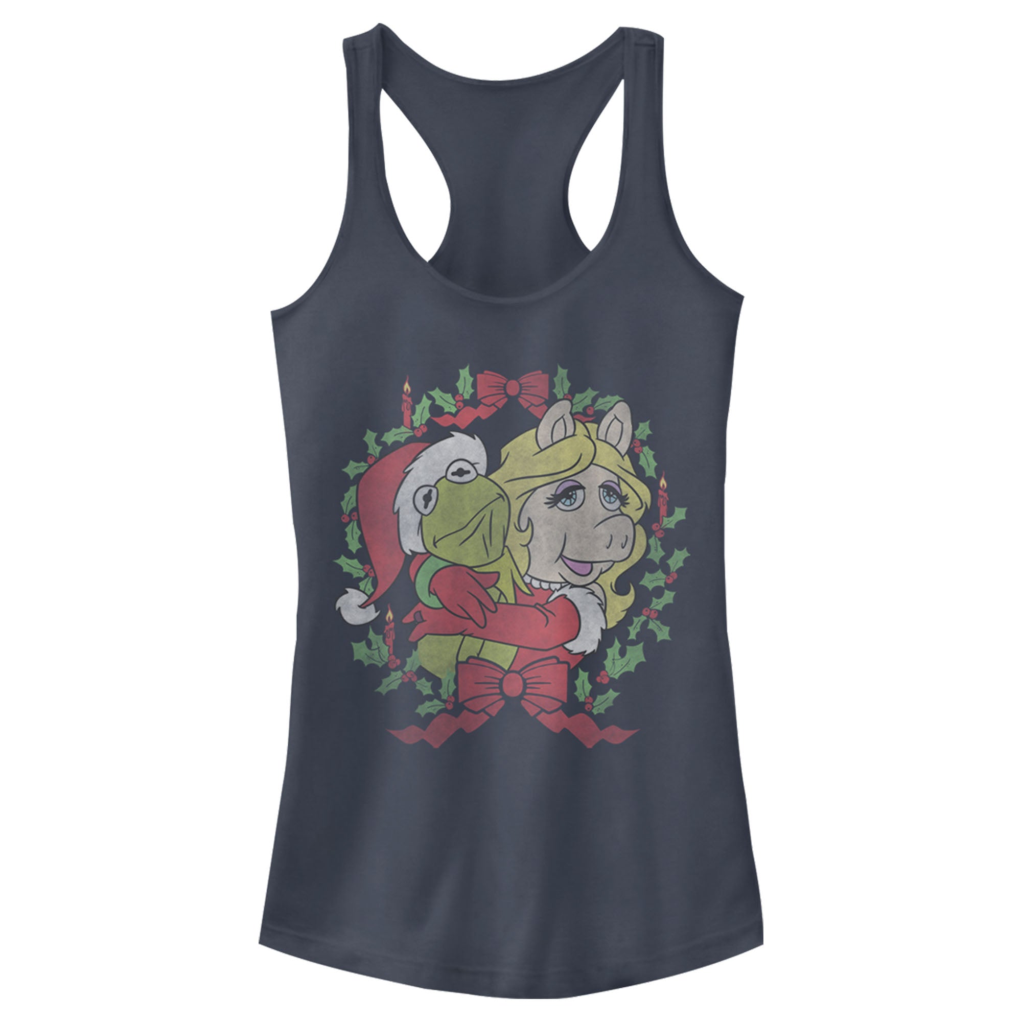 Junior’S The Muppets Christmas Kermit And Piggy Hug Racerback Tank Top