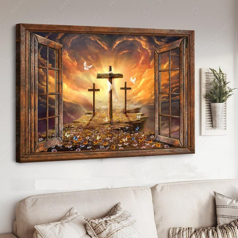 & Canvas | Sunset Painting, Path To Heaven, The Three Crosses Jesus Landscape Canvas Prints, God Wall Art Wall Art Decor, Home Decor