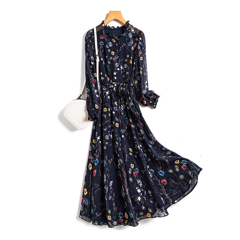 Chiffon Navy Floral Printing Vintage High Waist Lace Up Women’s Dress Korean Fashion Round Neck Loose Mid-Calf Dresses For Women alx
