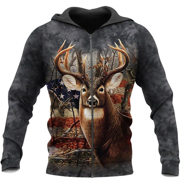 ViticStore™ Deer & US Flag Hunting Season 3D- Grey & Brown Shade All Over Printed 3XL Zip-Hoodie