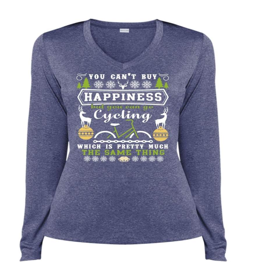 You Can’t Buy Happiness T Shirt, You Can Go Cycling T Shirt, Cool Shirt (Ladies LS Heather V-Neck)