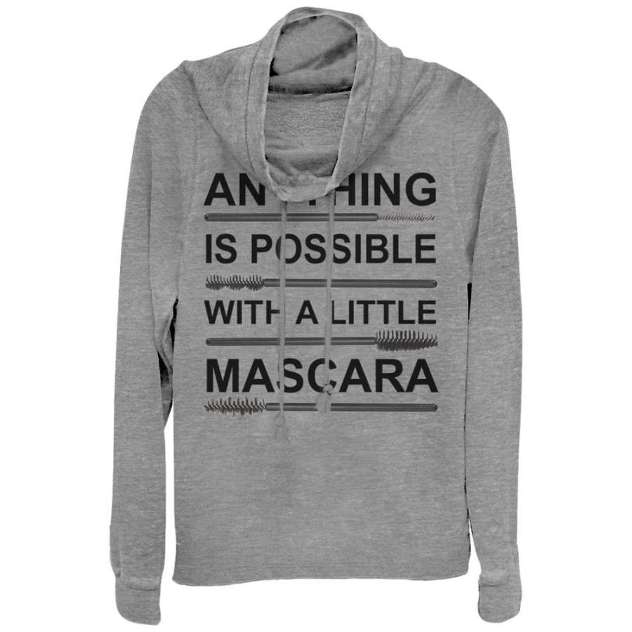 CHIN UP Junior’s Anything Possible with Mascara  Cowl Neck Sweatshirt Gray Heather