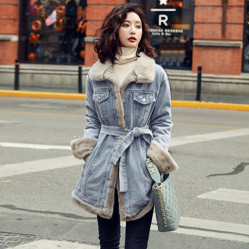 Thickened Velvet Denim Waist Slimming Jacket Women’s 2022 Winter Denim Coat With Fur Inner alx