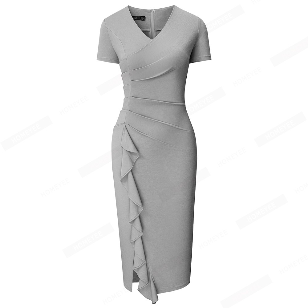 Women Elegant Charming V Neck Short Sleeve Ruched Ruffles Bodycon Knee Length Pencil Dress EB664 alx