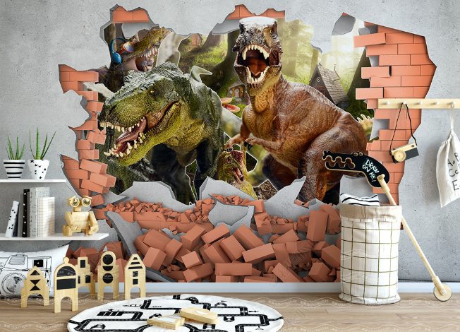 3D Broken Wall Animal Dinosaur Wall Mural Wallpaper Lqh 306