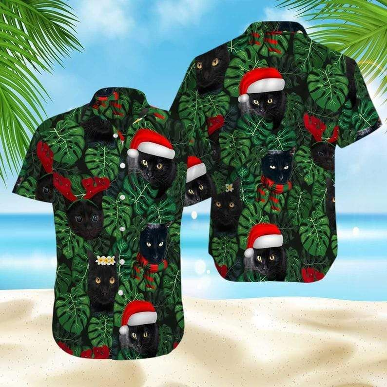 Christmas Black Cat In Tropical Leaf Print Hawaii Aloha Shirts Ha94106