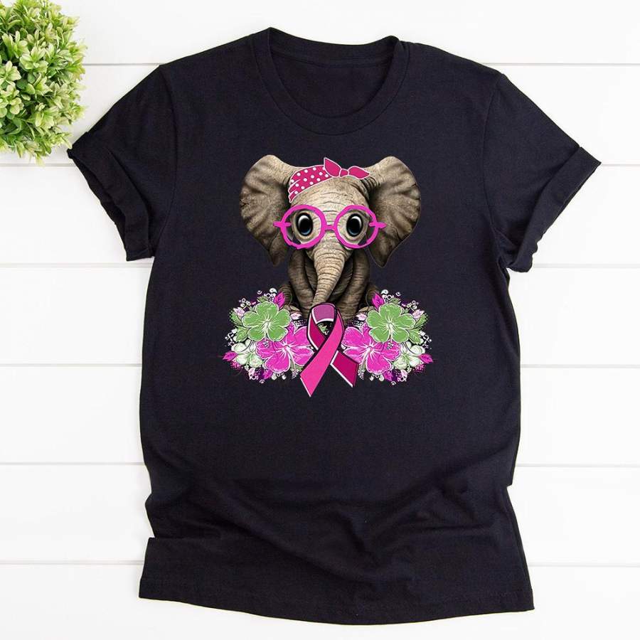 Breast cancer awareness cute elephant floral pink black cotton t shirt for men and women S-6XL