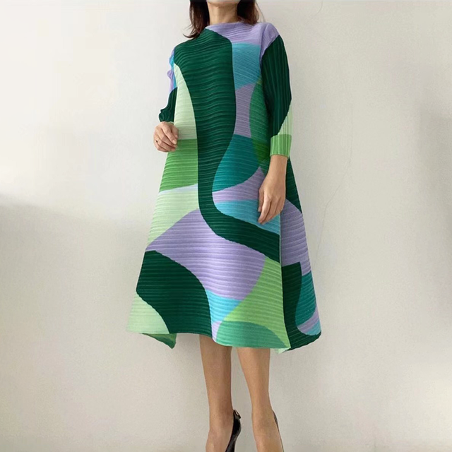 2022 Pleated Dress Women Hit Color Geometric With Belt Sashes Over Size Long Sweet Casual New Spring Fashion Tide Spot alx