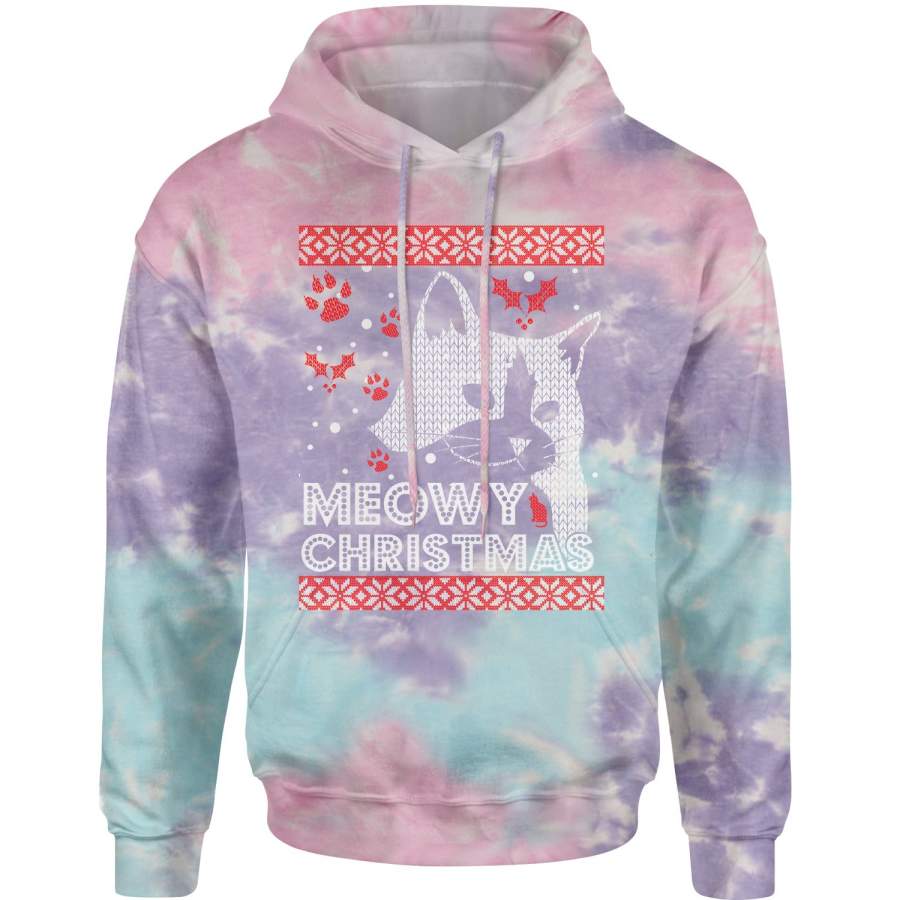 (Color) Meowy Christmas Ugly Christmas Holiday  Tie-Dye Adult Hoodie Sweatshirt