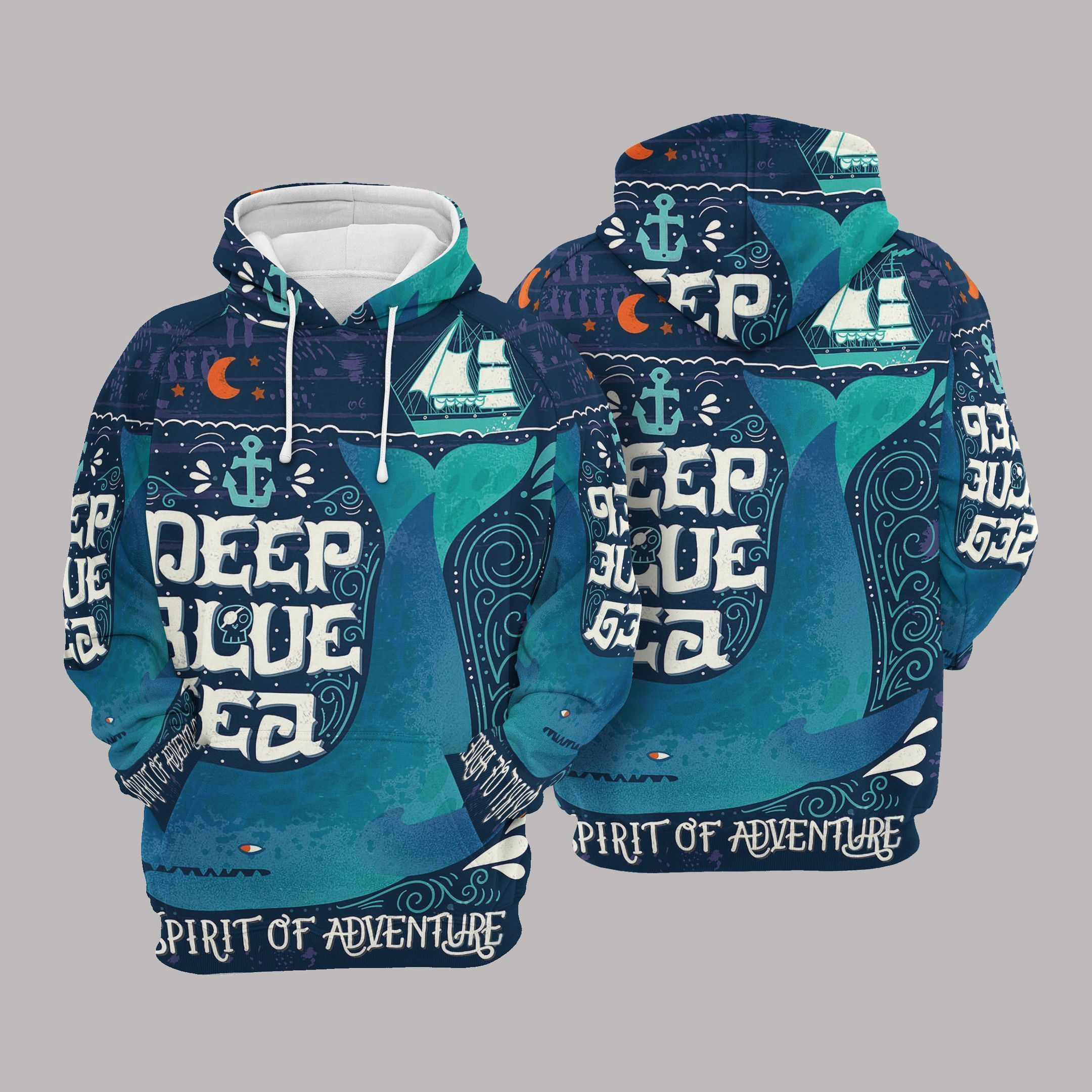 Pirate Deep Blue Sea Whale Pullover Unisex Hoodie Bt13