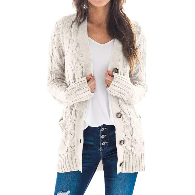 2022 Women Knitted Cardigan Sweater V-neck Single-breasted Lady Knitted Coat Twist Pattern Open Front Button Pocket Knit Coat alx