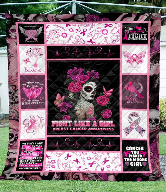 Breast Cancer Awareness Fight Like A Girl Skull Flower Quilt Blanket M506-Hao1