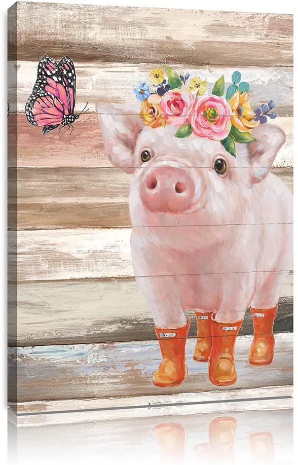 Pig Pictures Canvas Wall Art – Farmhouse Wall Decor – Funny Piggy And Pink Butterfly Painting – Farm Animal Poster Mural For Bedroom Bathroom And Kitchen Framed And Ready To Hang (12”X16”X1 Panel)