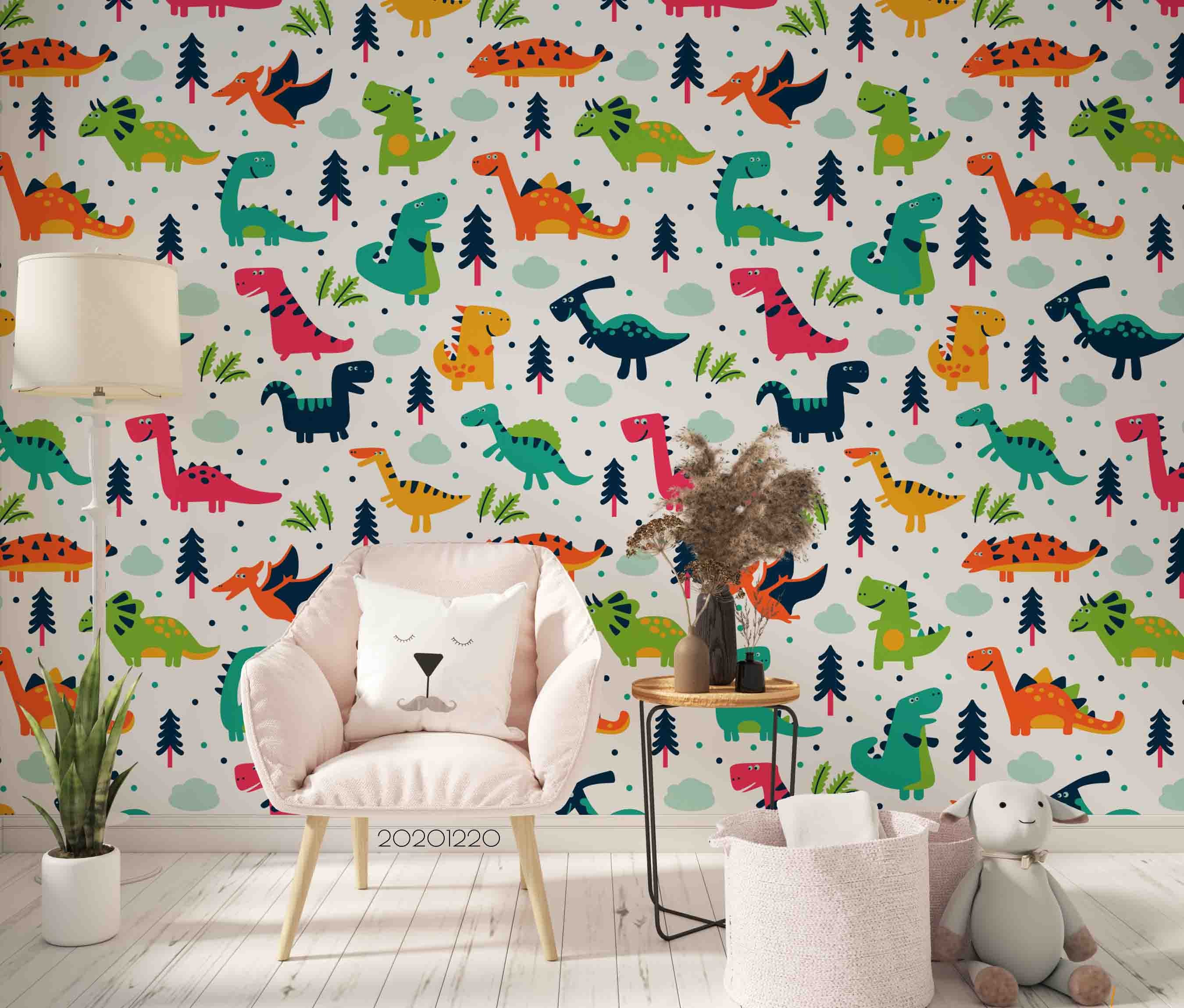 3D Hand Drawn Animal Dinosaur Pine Wall Mural Wallpaper Lqh 57