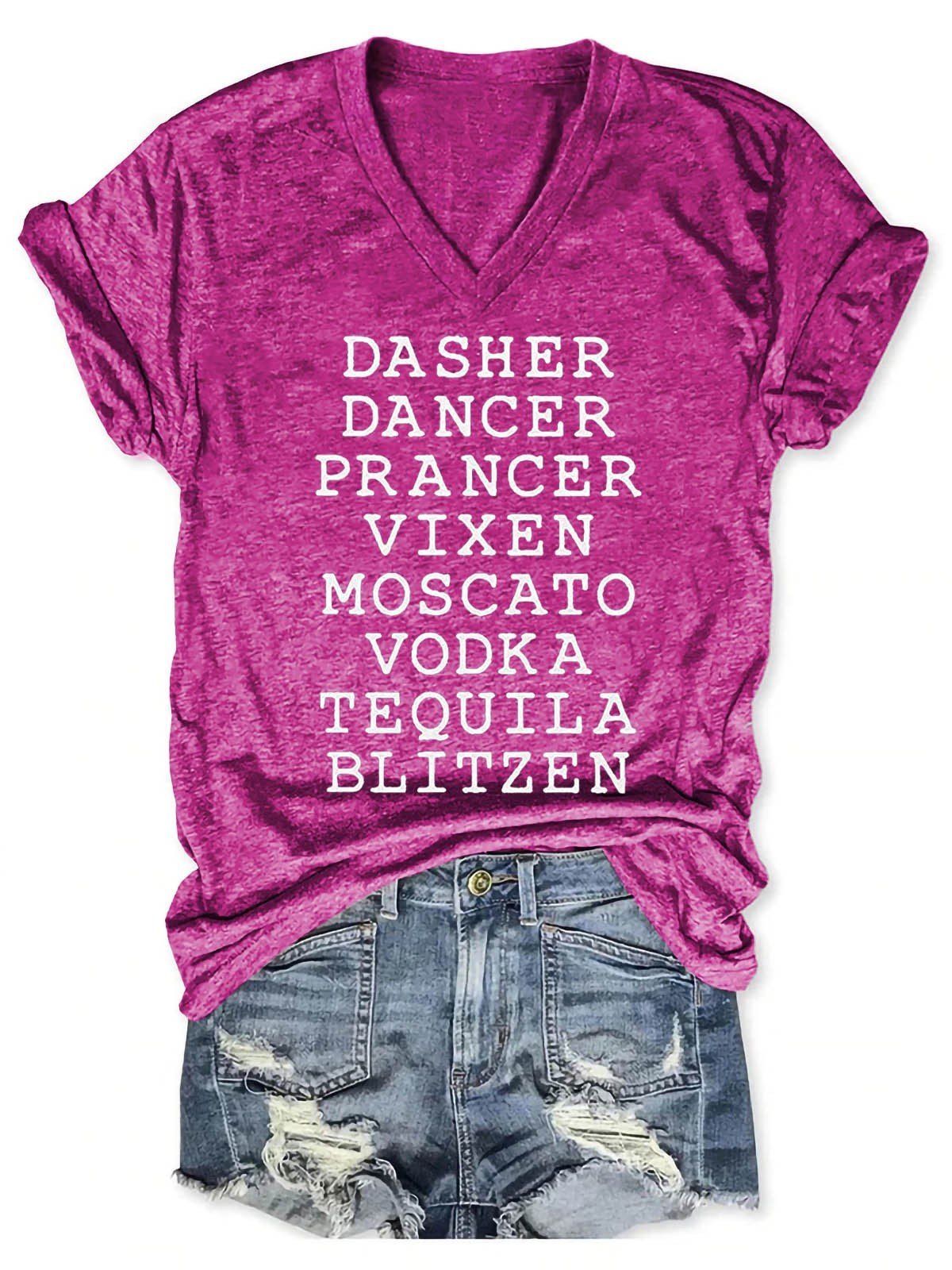 Women’S Christmas Dasher Dancer Prancer Vixen Moscato Vodka Tequila Blitzen Xmas V-Neck T-Shirt