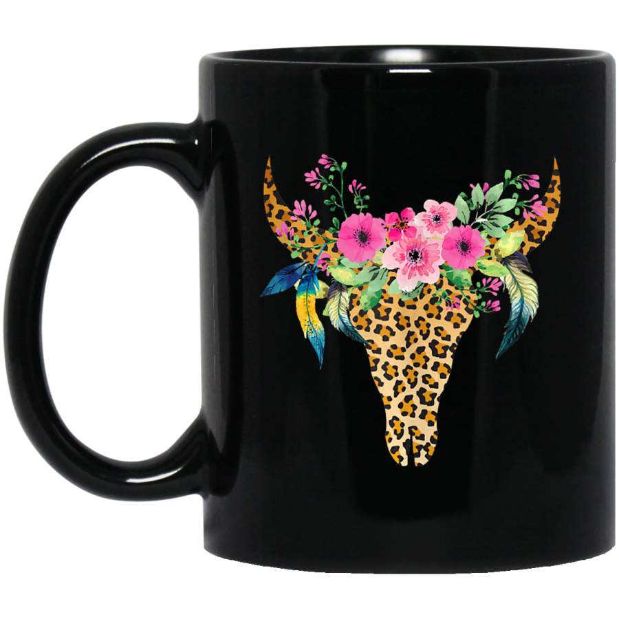 BOHO Cow Bull Skull Leopard Gift For Cattle Lover Coffee Mug