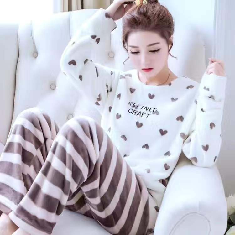 Winter Flannel Pajamas Set For Women Coral Fleece O-Neck Pyjamas Suit Long Sleeve Trouser Female Sleepwear 2022 Home Clothes alx