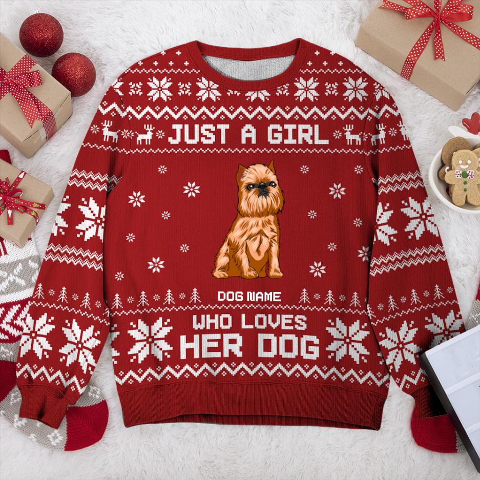 Brussels Griffon Just A Girl Personalized Sweater, Dog Ugly Christmas Sweater