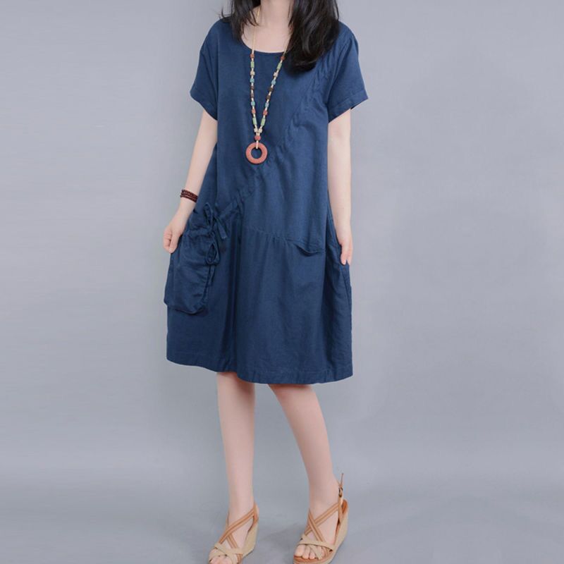 Uego Short Sleeve Loose Summer Dress Soft Cotton Linen Pockets bandage Holiday Beach Casual Dress Women Vintage Dress alx