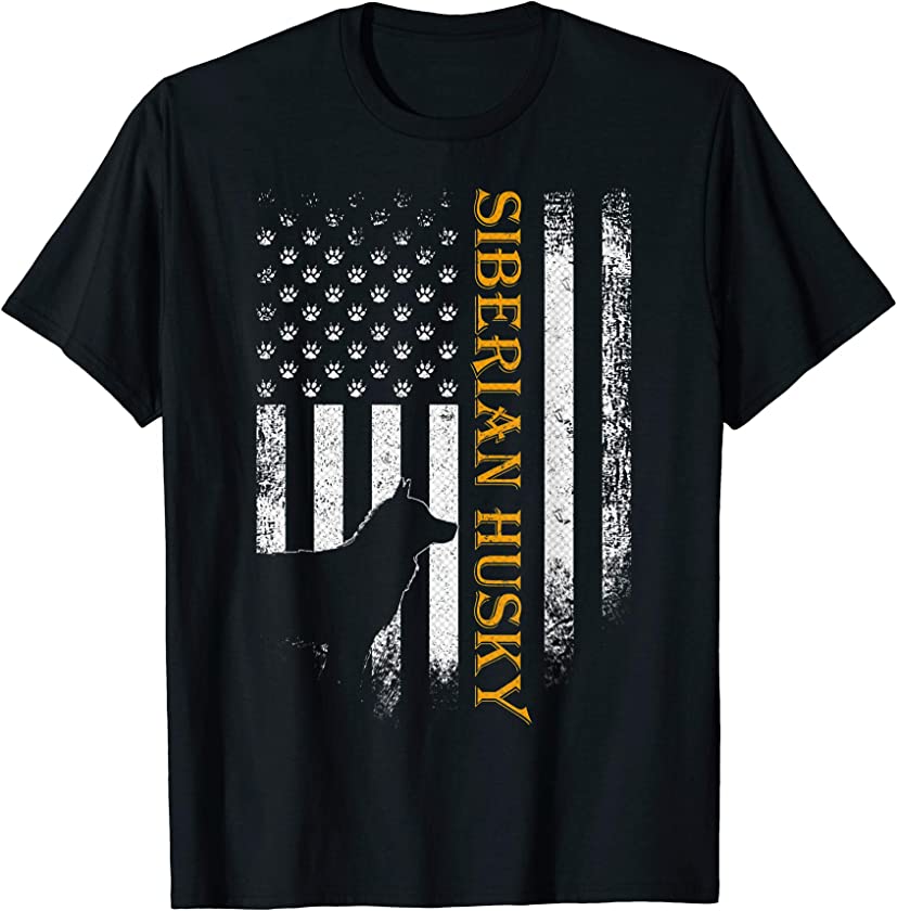 Vintage USA Siberian Husky Dog Silhouette American Flag T-Shirt