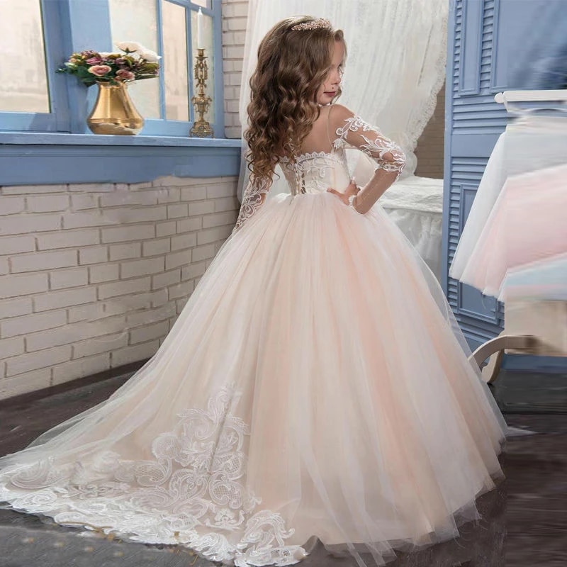 Vintage Flower Girls Dress for Wedding Evening Children Princess Party Pageant Long Gown Kids Dresses for Girls Formal Clothes alx