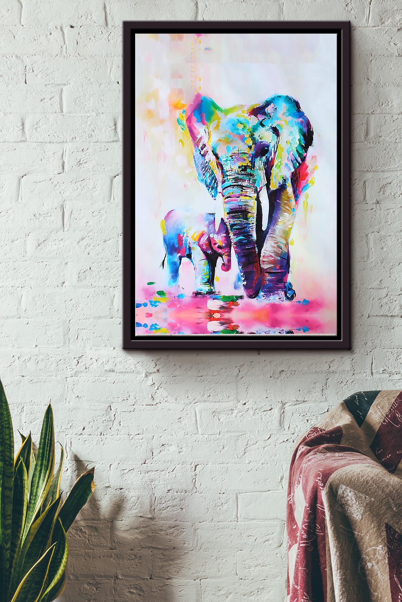 Two Elephant Watercolor Colorful Poster Framed Matte Canvas