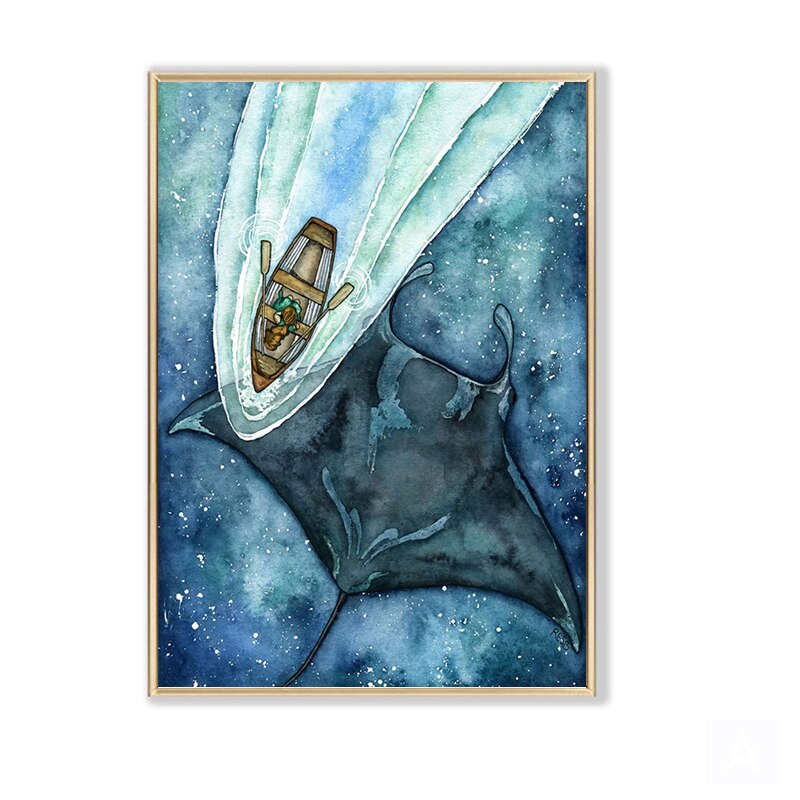 Blue Fairy Tale Whale Shark Girl Canvas Print Painting Cartoon Nordic Animals Posters Wall Art Pictures for Living Room Aisle alx