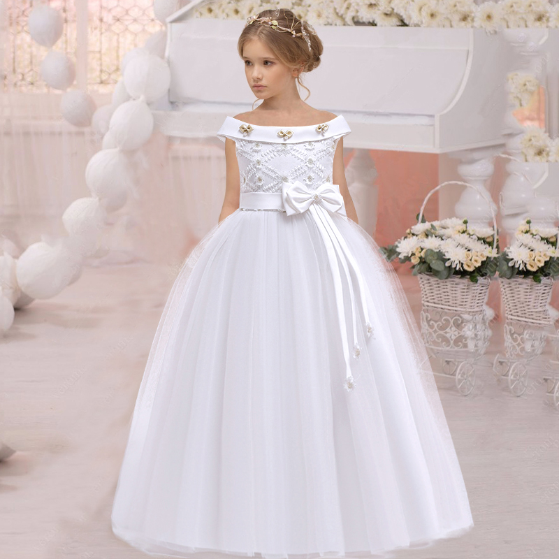 2022 Girl Party Dress Elegant White Bridesmaid Princess Dress Kids Dresses For Girls Clothes Children Wedding Dress 10 12 Years alx