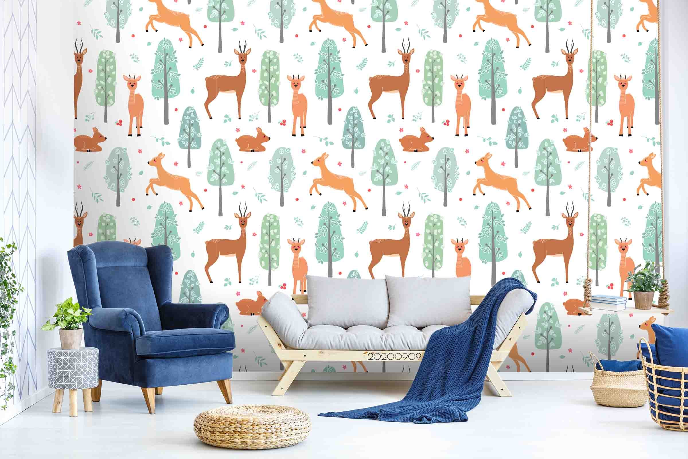 3D Cartoon Deer Pattern Animal Green Plant Wall Mural Wallpaper Lxl