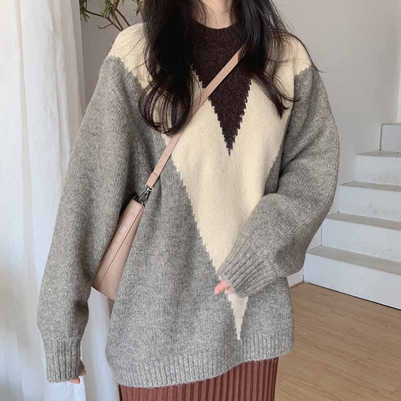 2021 Winter Clothes Women Long Sleeve Knitted Loose Jumper Pullover Women O-neck Pullover V-shaped Stitching Sweater Women 11648 alx