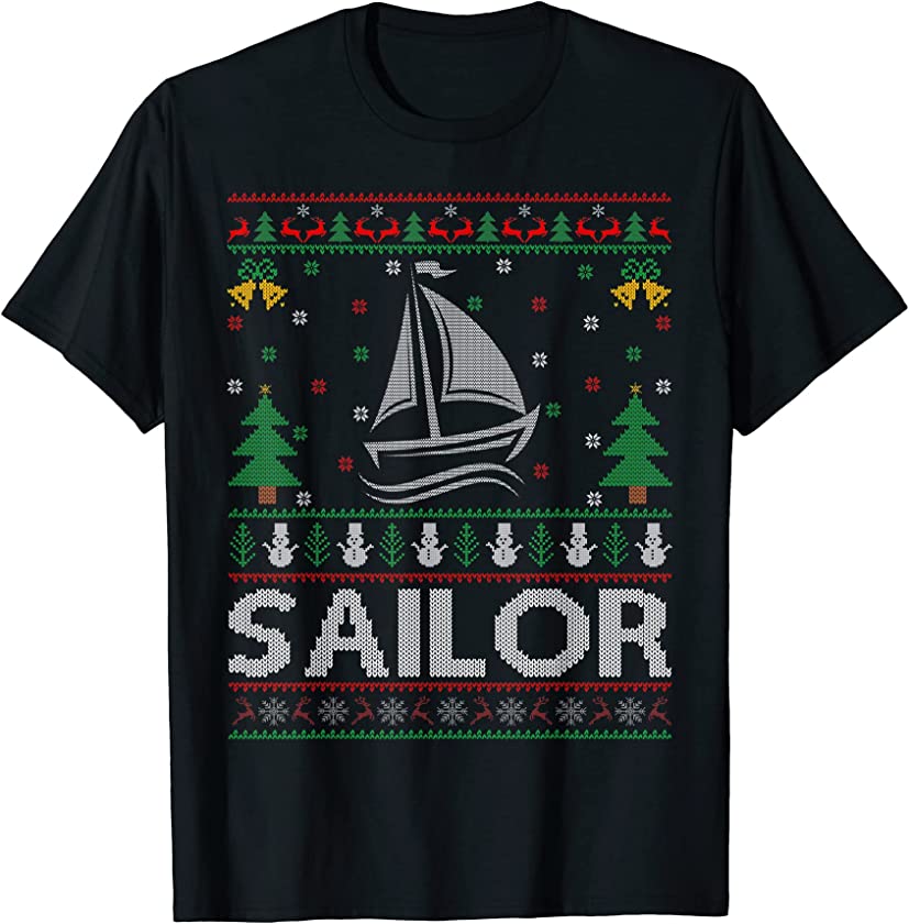 Ugly Christmas Sweater Style Sailing Boat Sailor Xmas T-Shirt