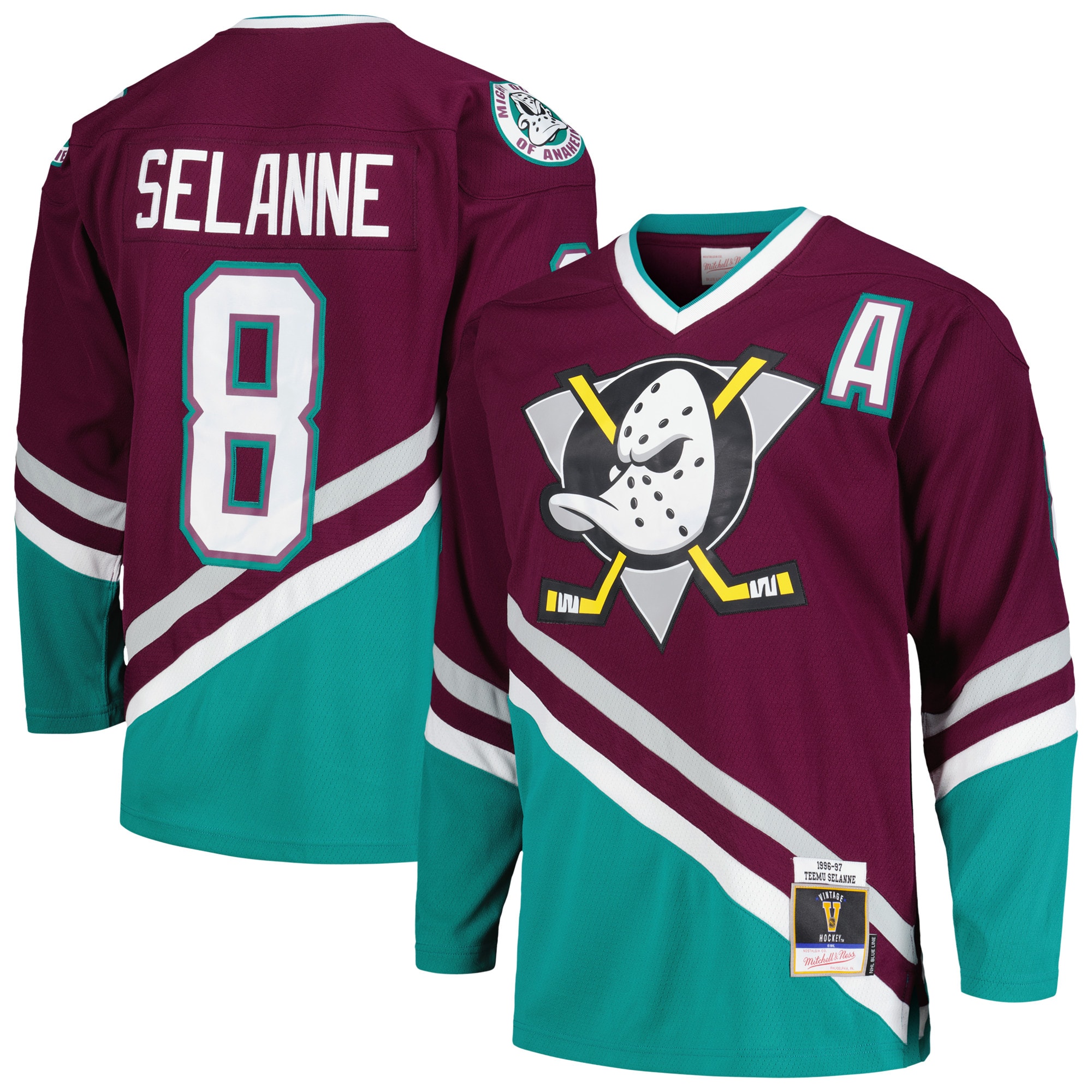 Teemu Selanne Anaheim Ducks Mitchell & Ness 1996/97 Alternate Captain Patch Blue Line Player Jersey – Purple