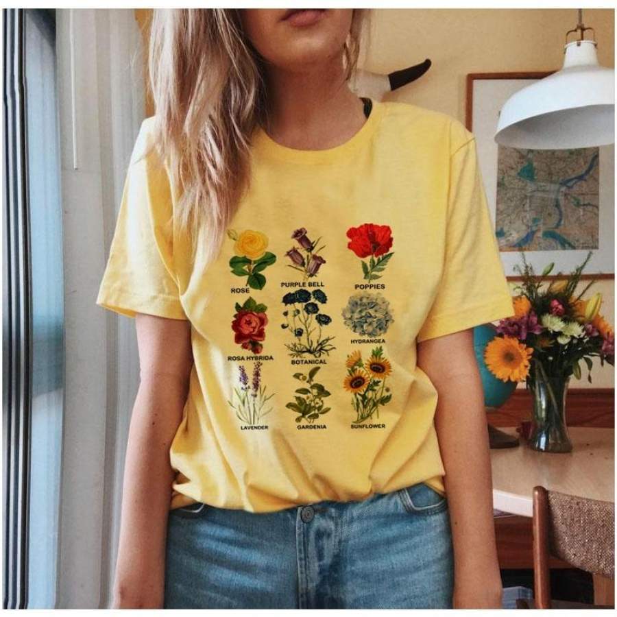 Retro Fadded Floral Printed Short Sleeved Casual Yellow Distressed Tee Aesthetic Cotton Blusa