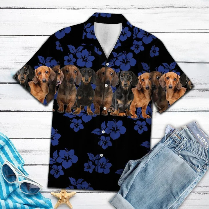 Dachshund Dogs With Blue Hibiscus In Black Hawaii Shirt For Men And Gift Dog Lovers Ha26815