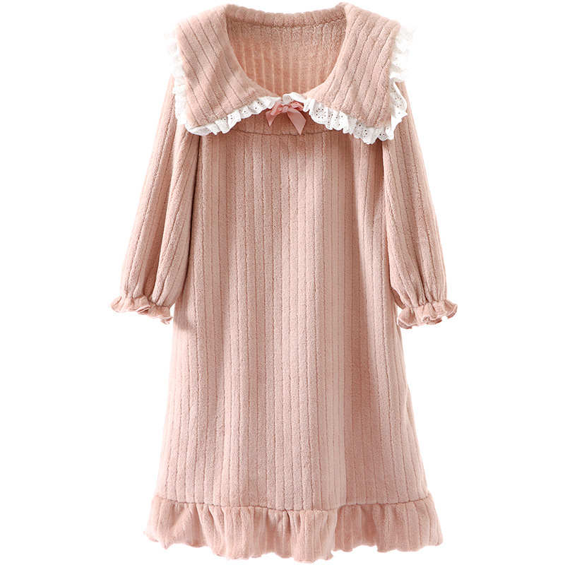 Autumn Winter Flannel Long Sleeve Girl Nightgowns Children’s Nightdress Lace Bow Teenagers Princess Dresses Fashion Kids Pyjamas alx