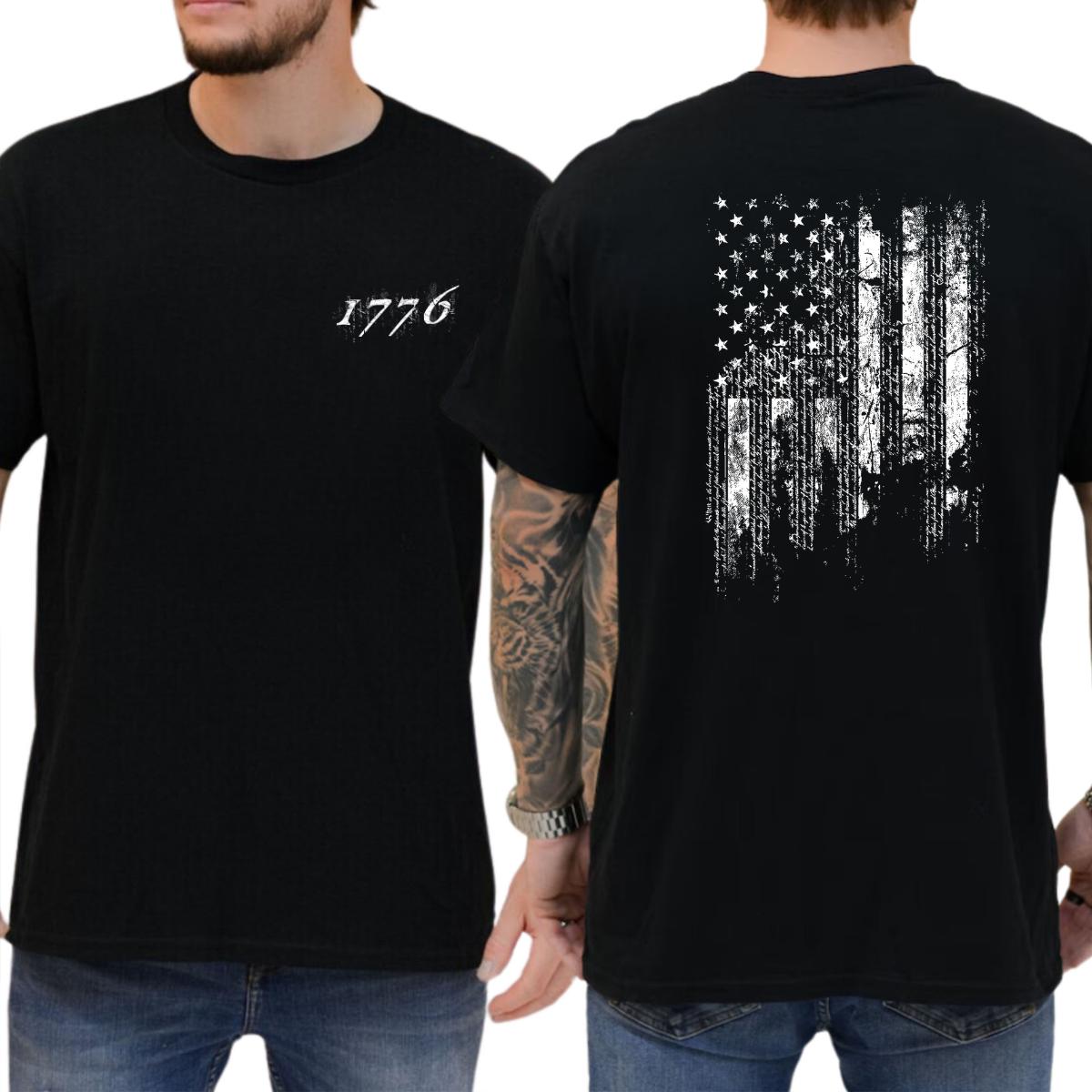 1776 Distressed American Flag 2-Side T-Shirt, 4th Of July USA Flag Graphics Shirt, Casual Menswear, Classic Men’s Tops Shortsleeve