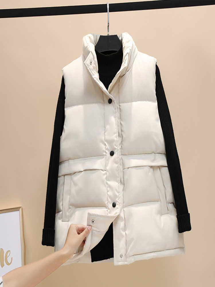 Autumn Winter Women’s Solid Loose Vest Drawstring Stand Collar Long Vest Jacket Cotton Padded Women’s Windproof Warm Waistcoat alx