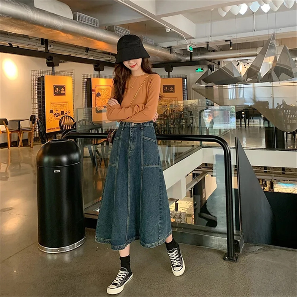 Vintage Denim Skirt Women Plus Size 5XL Korean Long Jeans Skirt 2021 Button Pocket Big Hem Casual Loose High Waist A-Line Skirts alx