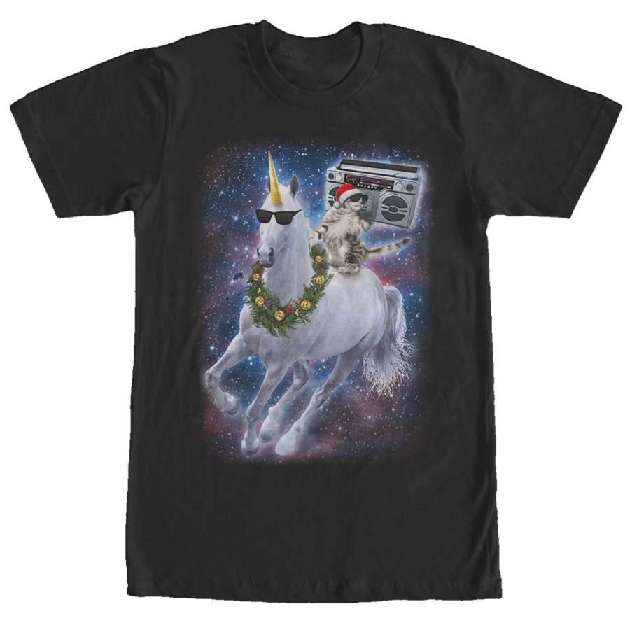 Lost Gods Men’s Ugly Christmas Cat Unicorn Space Song  T Shirt Black