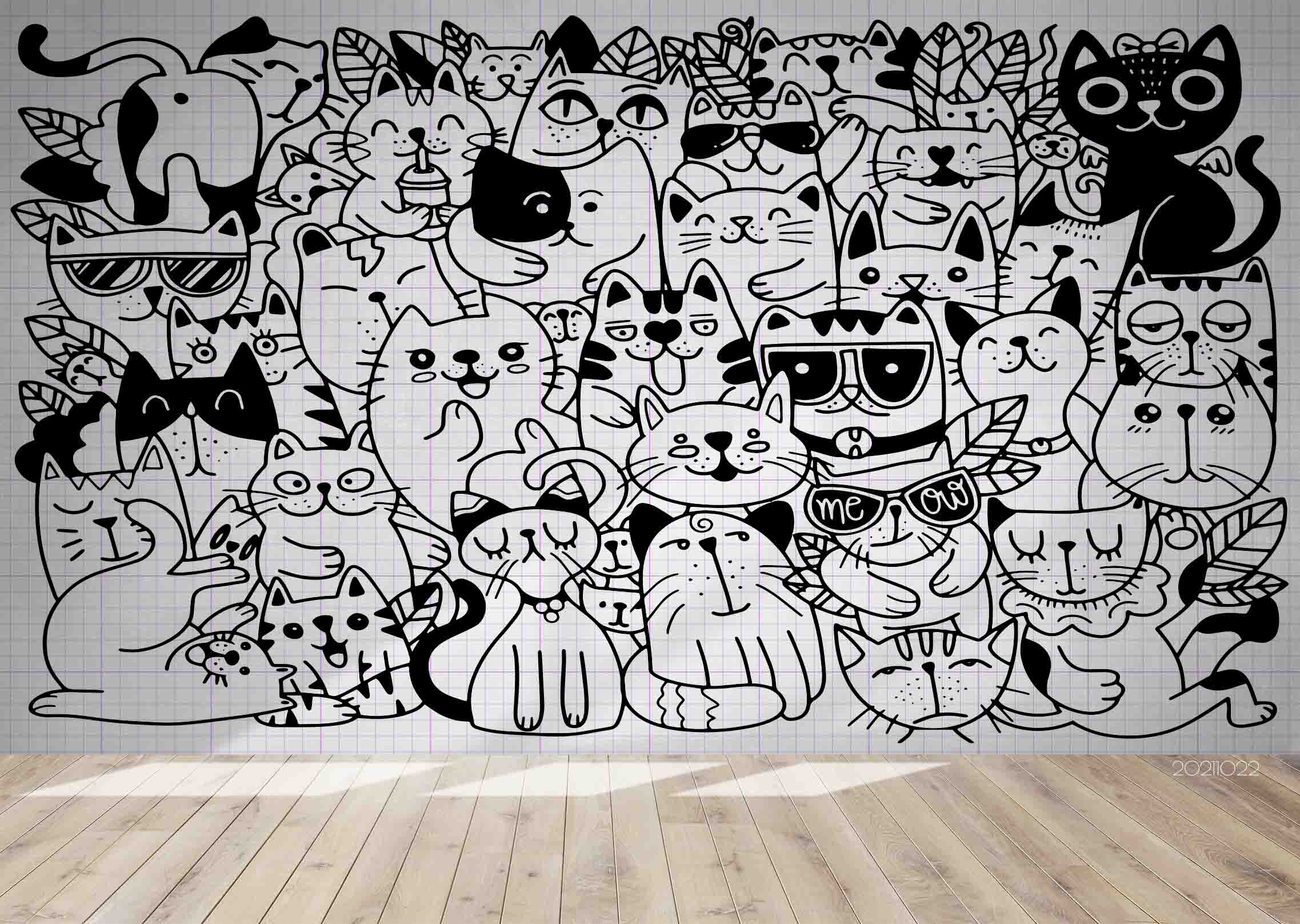 3D Hand Drawn Doodle Animal Cute Cat Wall Mural Wallpaper Lqh 38