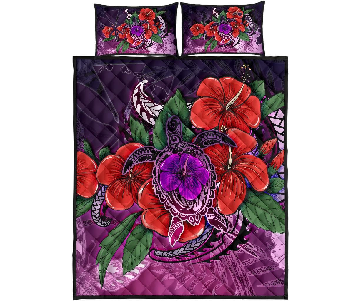 Alohawaii Home Set – Quilt Bed Set Polynesian Hawaii – Purple Hibiscus Turtle Flowing – Bn11