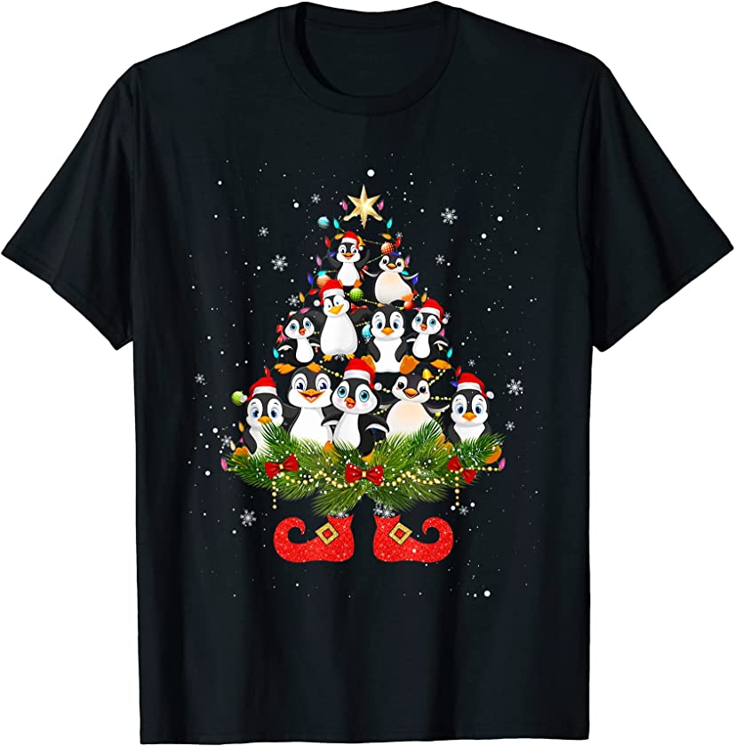 Penguins Christmas Tree Lights Funny Santa Hat Lover T-Shirt