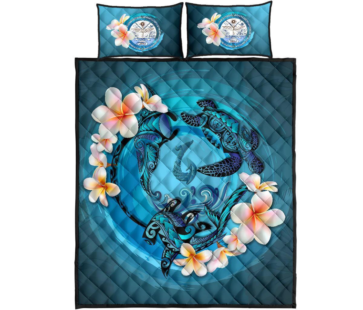 Marshall Islands Polynesian Quilt Bed Set – Blue Plumeria Animal Tattoo A24