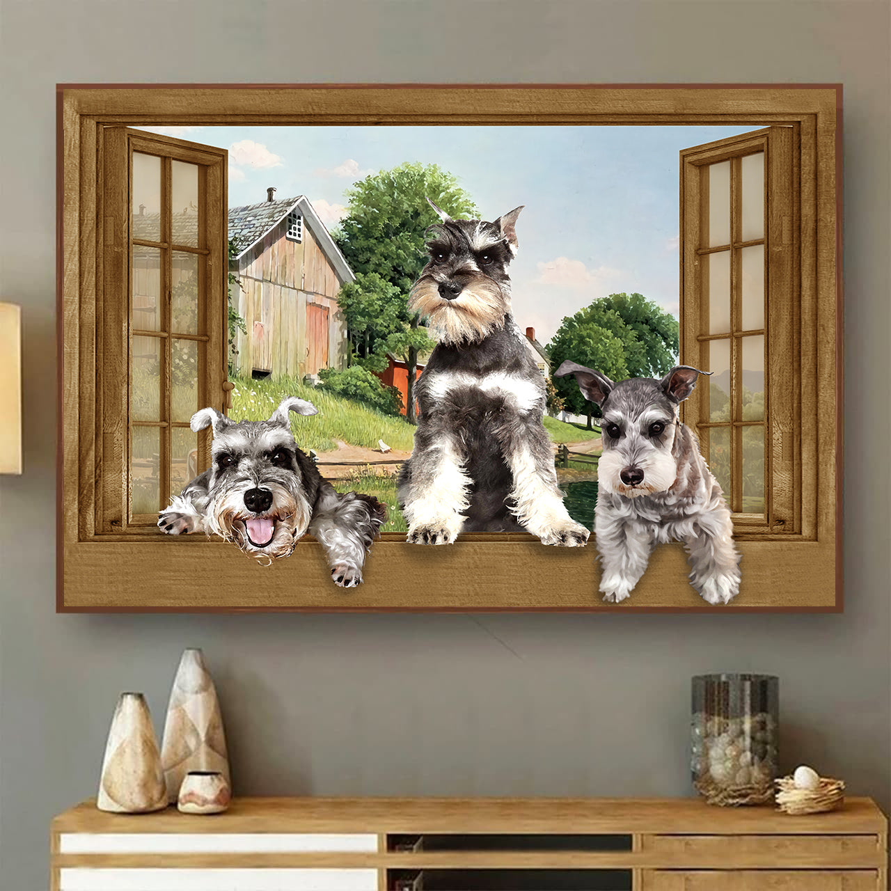 Schnauzer 3D Wall Art Opend Window Home Decor Gift Animal Dogs Lover