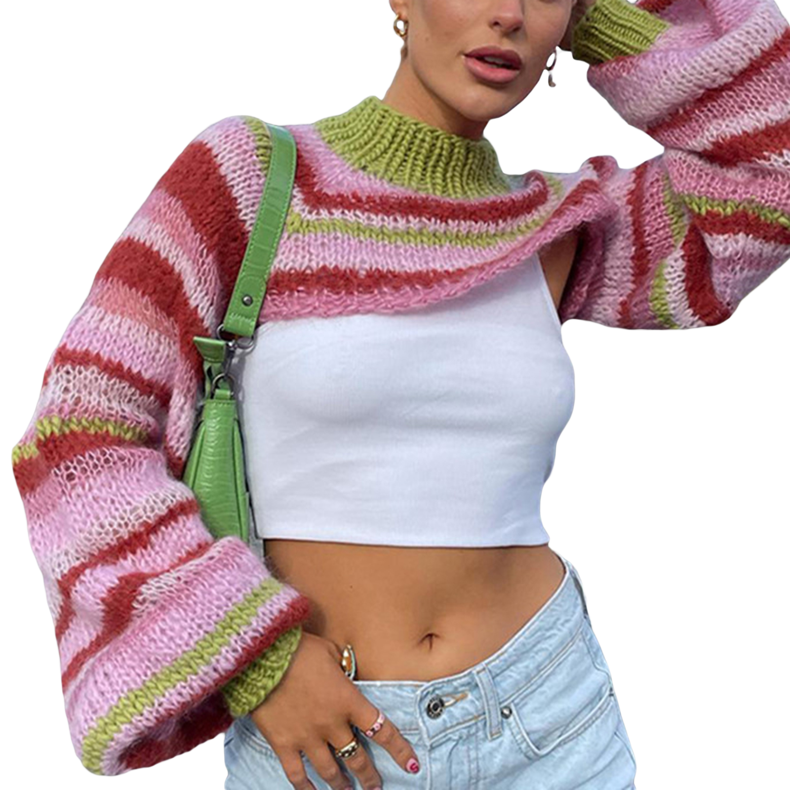 Women Shrug Sweater Fashion Casual Striped Loose Long Sleeve Half Turtleneck Knitwear Crop Tops Streetwear S/M/L alx