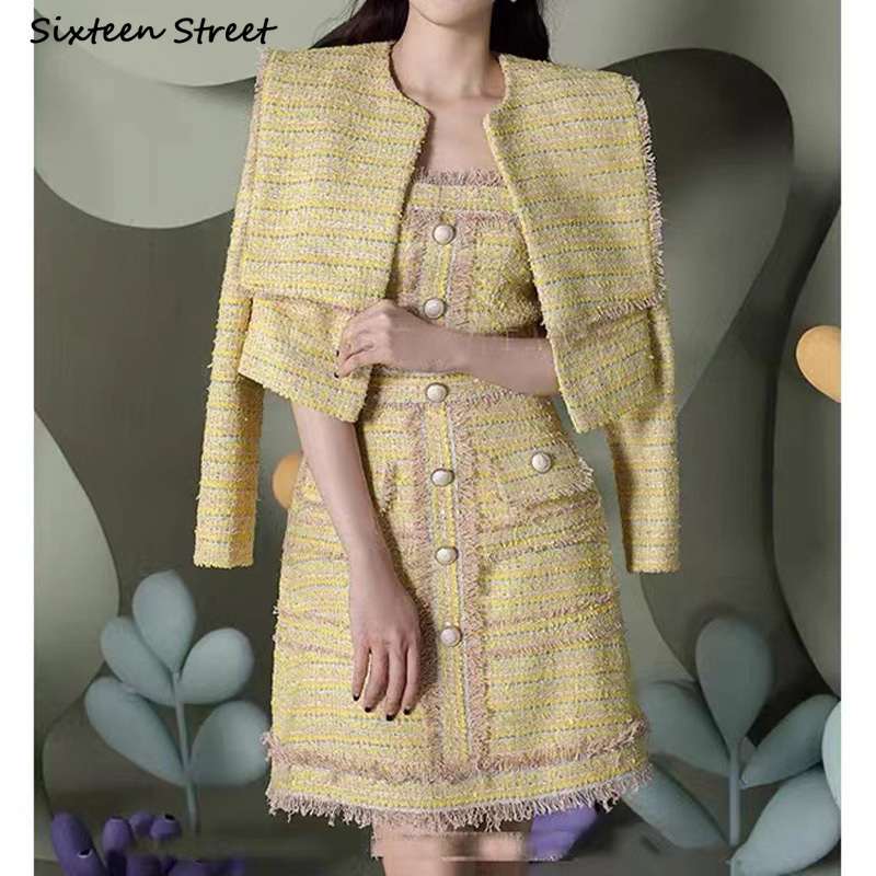 Yellow Tweed Cropped Jacket + Sleeveless Dress Women Vintage 2022 Autumn Striped Party Woolen Piece Sets Lady Elegant Dress Sets alx